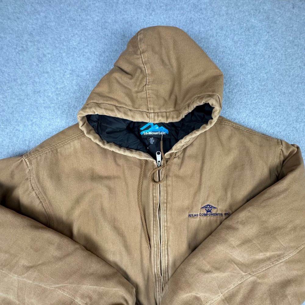 Tri-Mountain Mens XL Duck Canvas Hooded‎ Jacket Tan Distressed Workwear Atlas